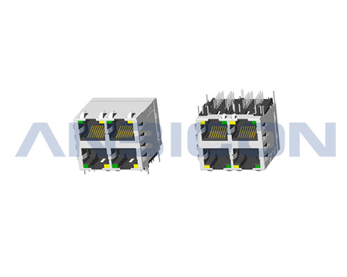 RJ45 ; 2X2 ports ; With LED ; With metal shield（EMI Fingers） ; Gold plating 6/15/30/50 microinch . PCB Retaining Post :solid(Type A)