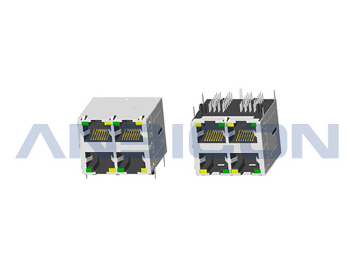 RJ45 ; 2X2 ports ; With LED ; With metal shield（EMI Fingers） ; Gold plating 6/15/30/50 microinch . PCB Retaining Post: hollow(Type B)