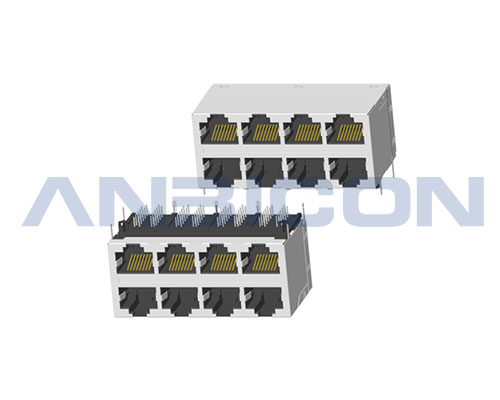 RJ45 ; 2X4 ports ; Without LED ; With metal shield ; Gold plating 6/15/30/50 microinch . PCB Retaining Post: hollow(Type A)