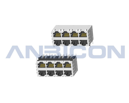 RJ45 ; 2X4 ports ; Without LED ; With metal shield（EMI Fingers） ; Gold plating 6/15/30/50 microinch . PCB Retaining Post :solid(Type A)