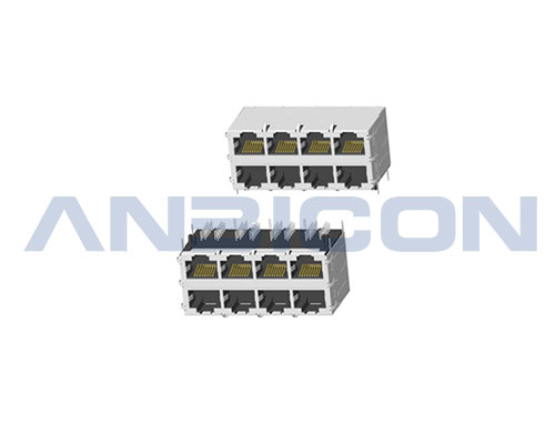 RJ45 ; 2X4 ports ; Without LED ; With metal shield（EMI Fingers） . PCB Retaining Post: hollow(Type B)