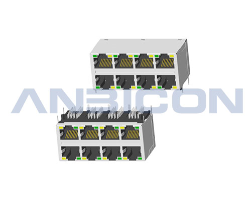 RJ45 ; 2X4 ports ; With LED ; With metal shield；Gold 6/15/30/50 Microinch . PCB Retaining Post :solid(Type A)