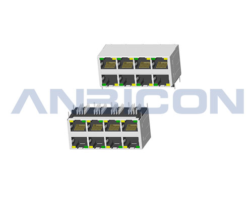 RJ45 ; 2X4 ports ; With LED ; With metal shield；Gold 6/15/30/50 Microinch . PCB Retaining Post: hollow(Type B)