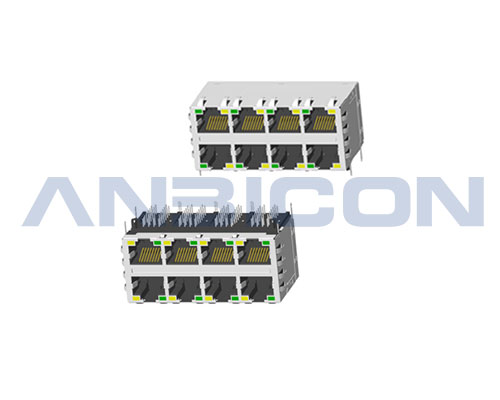 RJ45 ; 2X4 ports ; With LED ; With metal shield（EMI Fingers） ; Gold plating 6/15/30/50 microinch . PCB Retaining Post :solid(Type A)