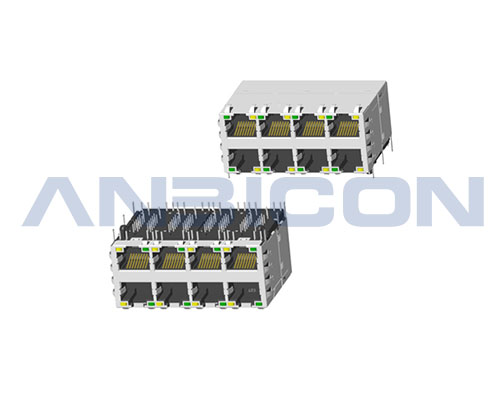 RJ45 ; 2X4 ports ; With LED ; With metal shield（EMI Fingers) ; With POE ; PCB Retaining Post :solid(Type A)