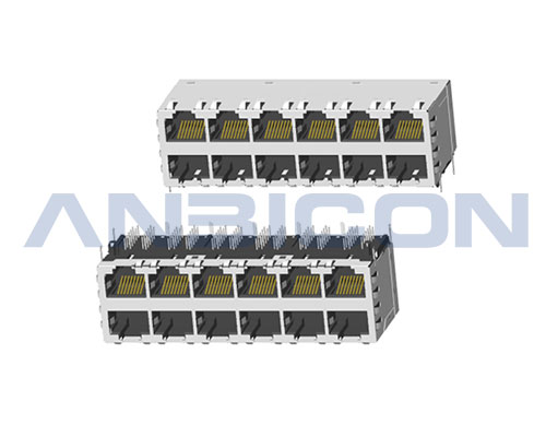 RJ45 ; 2X6 ports ; Without LED ; With metal shield（EMI Fingers) ; Gold plating 6/15/30/50 microinch . PCB Retaining Post :solid(Type A)