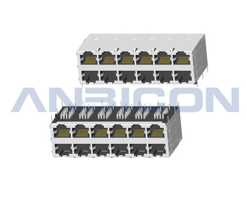 RJ45 ; 2X6 ports ; Without LED ;With POE; With metal shield（EMI Fingers) .PCB Retaining Post: hollow (Type B)