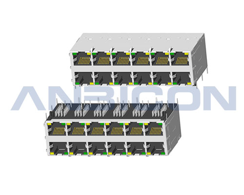 RJ45 ; 2X6 ports ; With POE;With LED ; With metal shield（EMI Fingers) .PCB Retaining Post: hollow (Type B)