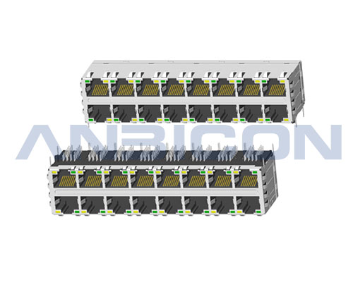 RJ45 ; 2X8 ports ; With LED ; With metal shield（EMI Fingers) ; Gold plating 6/15/30/50 microinch . PCB Retaining Post :solid(Type A)