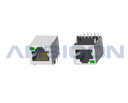 RJ45 2.5G ; Single Port ;TAB-UP ;L=21.3mm ; With LED ;With metal shield . PCB Retaining Post: hollow(Type B)