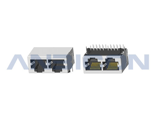 RJ45 2.5G ;Double port ；TAB-DOWN ;L=21.3mm ;Without LED ;With metal shield .PCB Retaining Post :solid(Type A)