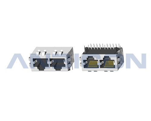 RJ45 2.5G ; Double port ; TAB-DOWN ; L=21.3mm ; Without LED ; With metal shield（EMI Fingers） . PCB Retaining Post :solid(Type A)