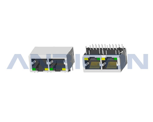 RJ45 2.5G ; Double port ; TAB-DOWN ; L=21.3mm ; With LED ; With metal shield . PCB Retaining Post :solid(Type A)