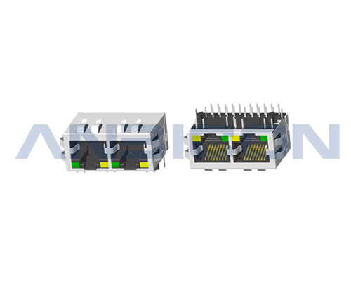 RJ45 2.5G ; Double port ; TAB-DOWN ; L=21.3mm ; With LED ; With metal shield（EMI Fingers） . PCB Retaining Post :solid(Type A)