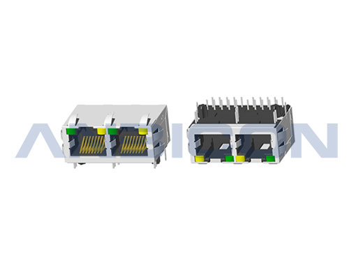 RJ45 2.5G ; Double port ; TAB-UP ; L=21.5mm ; With LED ; With metal shield（EMI Fingers） . PCB Retaining Post :solid(Type A)