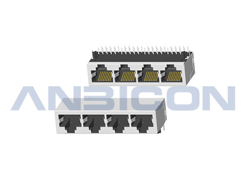 RJ45 2.5G ; Four ports ; TAB-DOWN ; L=21.3mm ; Without LED ; With metal shield . PCB Retaining Post :solid(Type A)