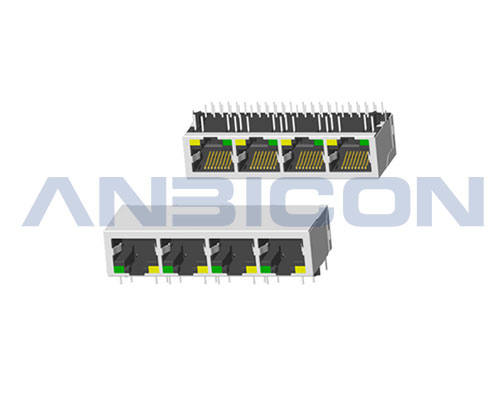 RJ45 2.5G ; Four ports ; TAB-DOWN ; L=21.3mm ; With LED ; With metal shield . PCB Retaining Post :solid(Type A)