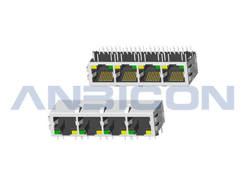 RJ45 2.5G ; Four ports ; TAB-DOWN ; L=21.3mm ; With LED ; With metal shield(EMI Fingers) . PCB Retaining Post :solid(Type A)