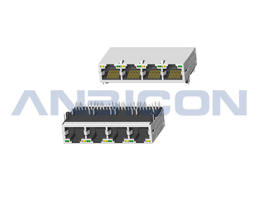 RJ45 5G ; Four ports ; TAB-UP ; L=33mm ; With LED ; With metal shield（EMI Fingers） . PCB Retaining Post :solid(Type A)