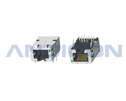 RJ45 10G ; Single Port ; TAB-DOWN ; L=28.57mm ; With LED ; With metal shield(EMI Fingers) . PCB Retaining Post :solid(Type A)