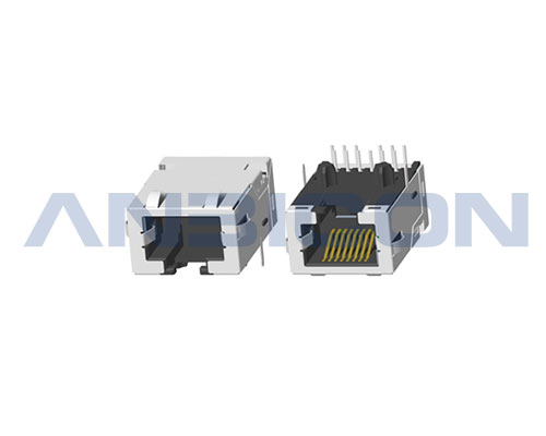 RJ4510G; single port; TAB-DOWN;L=23.88 mm; without LED; With metal shield (EMI Fingers) . PCB Retaining Post :solid(Type A)