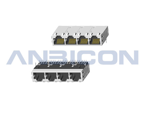 RJ45 10G ; Four ports ; TAB-UP ; L=33mm ; Without LED ; With metal shield（EMI Fingers） . PCB Retaining Post :solid(Type A)