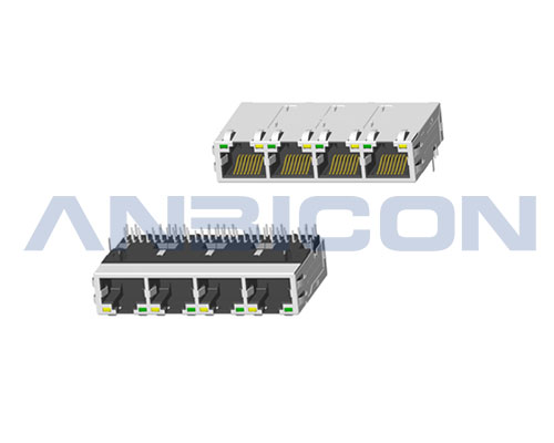 RJ45 10G ; Four ports ; TAB-UP ; L=33mm ; With LED ; With metal shield（EMI Fingers） . PCB Retaining Post :solid(Type A)