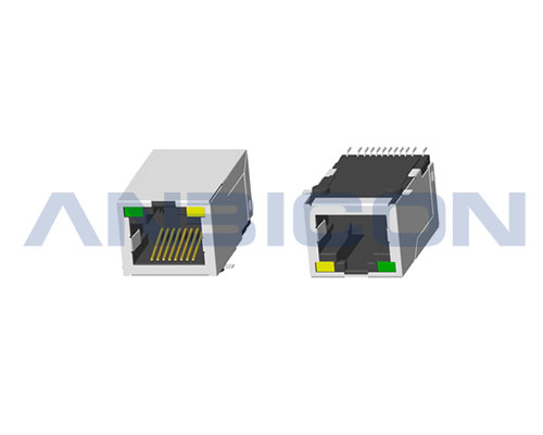 RJ45 ; Single Port ; TAB-UP ; SMT ; With LED ; With metal shield ; Meets IEEE 802.3 specification .